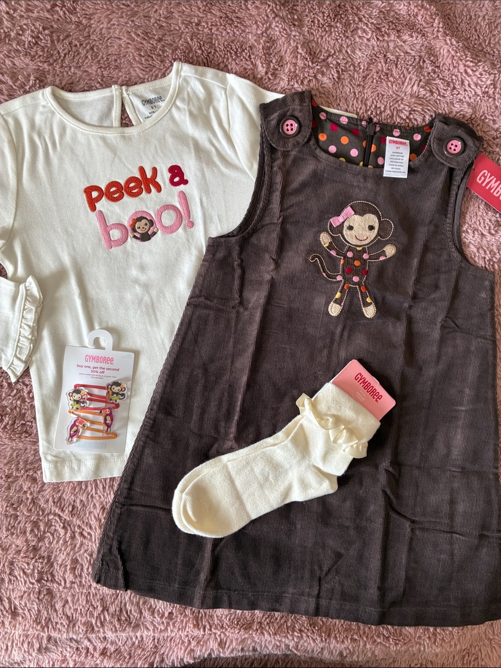 Gymboree Fall For Monkeys Dress with Cream Peek-A-Boo Top, hair clips and Sock.